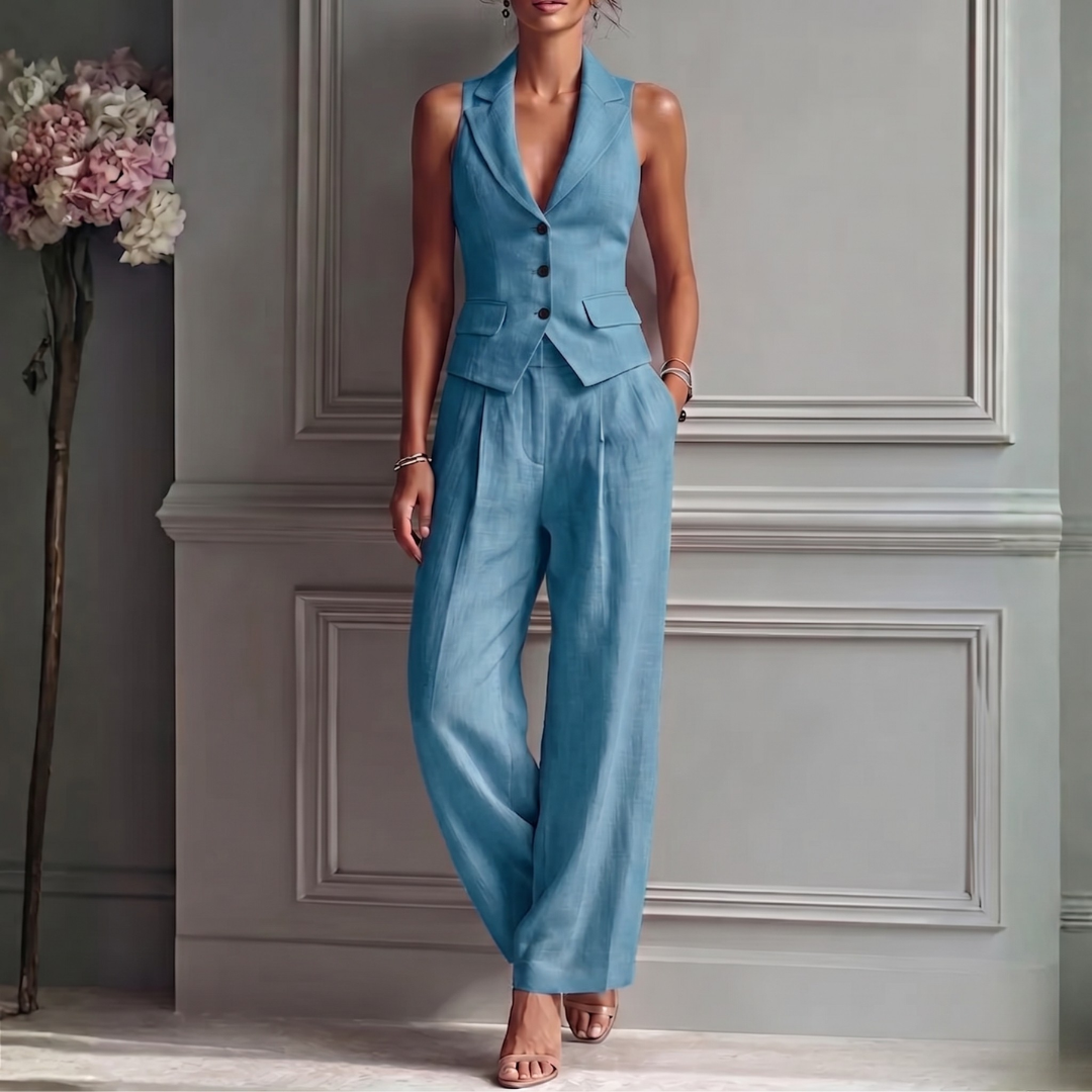 Women's Lightweight Linen Two Piece Set | Elegant Sleeveless Waistcoat & Wide Leg Trousers 1