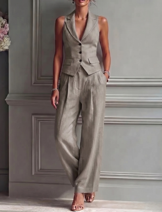 Women's Lightweight Linen Two Piece Set | Elegant Sleeveless Waistcoat & Wide Leg Trousers 2