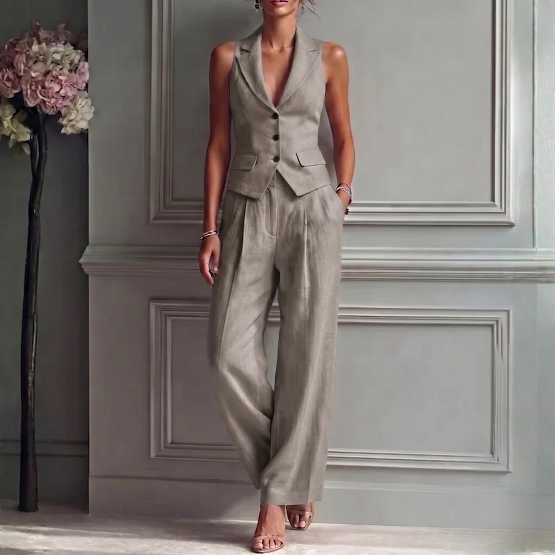 Women's Lightweight Linen Two Piece Set | Elegant Sleeveless Waistcoat & Wide Leg Trousers 2