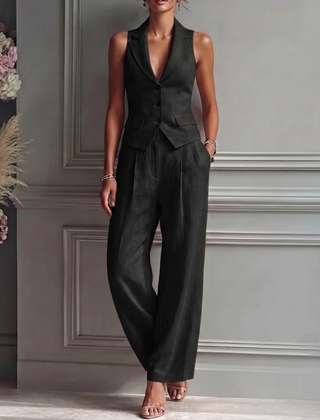 Women's Lightweight Linen Two Piece Set | Elegant Sleeveless Waistcoat & Wide Leg Trousers 3