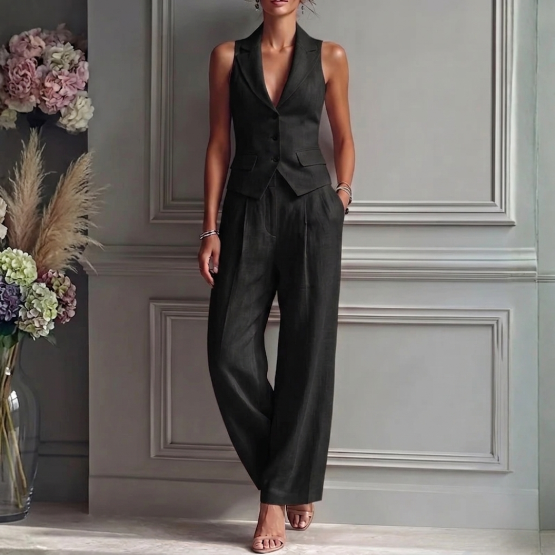 Women's Lightweight Linen Two Piece Set | Elegant Sleeveless Waistcoat & Wide Leg Trousers 3