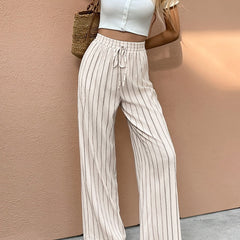 Women's Lightweight Linen Wide Leg Pants | Striped Relaxed Summer Trousers 0