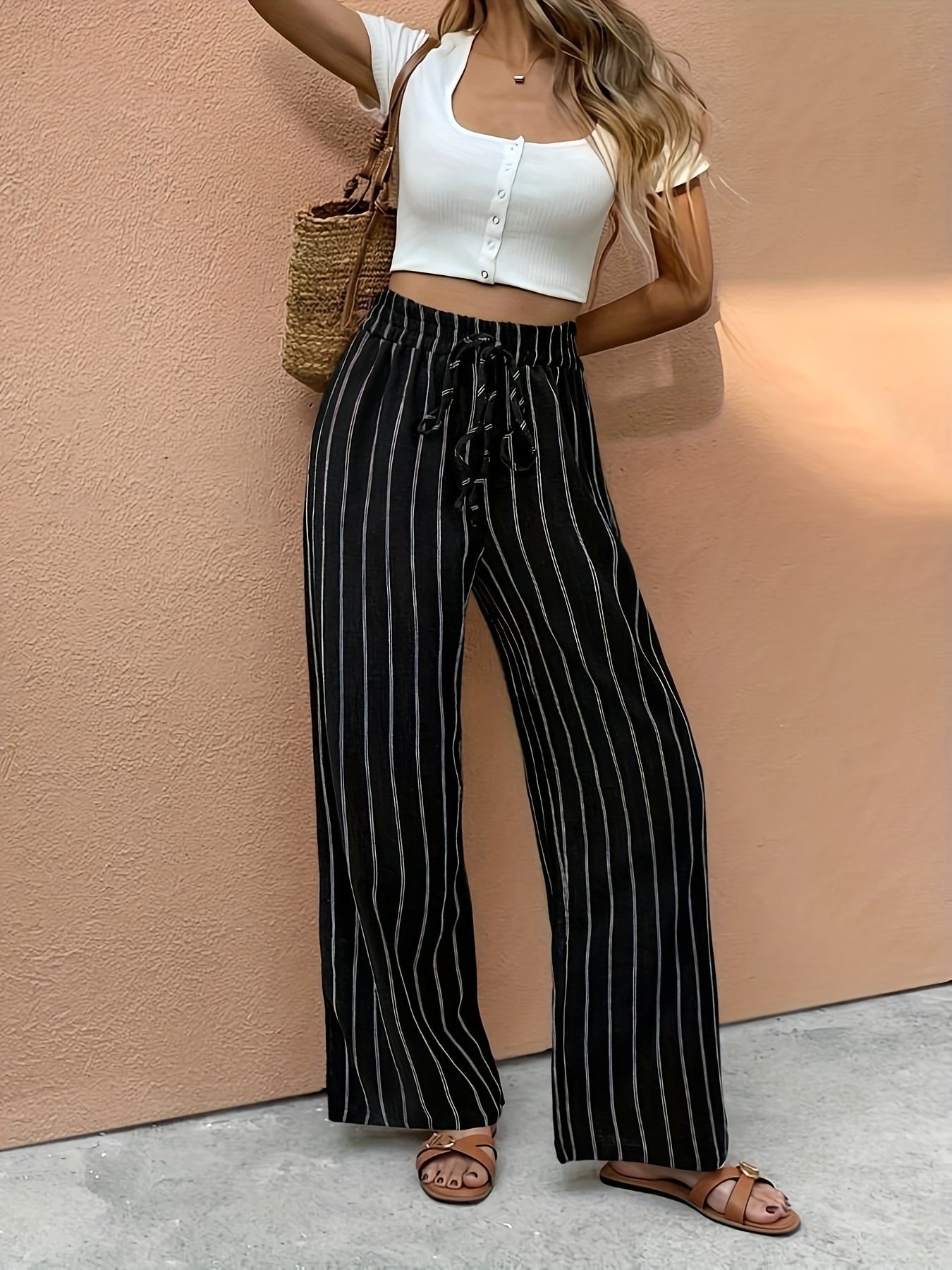 Women's Lightweight Linen Wide Leg Pants | Striped Relaxed Summer Trousers 2
