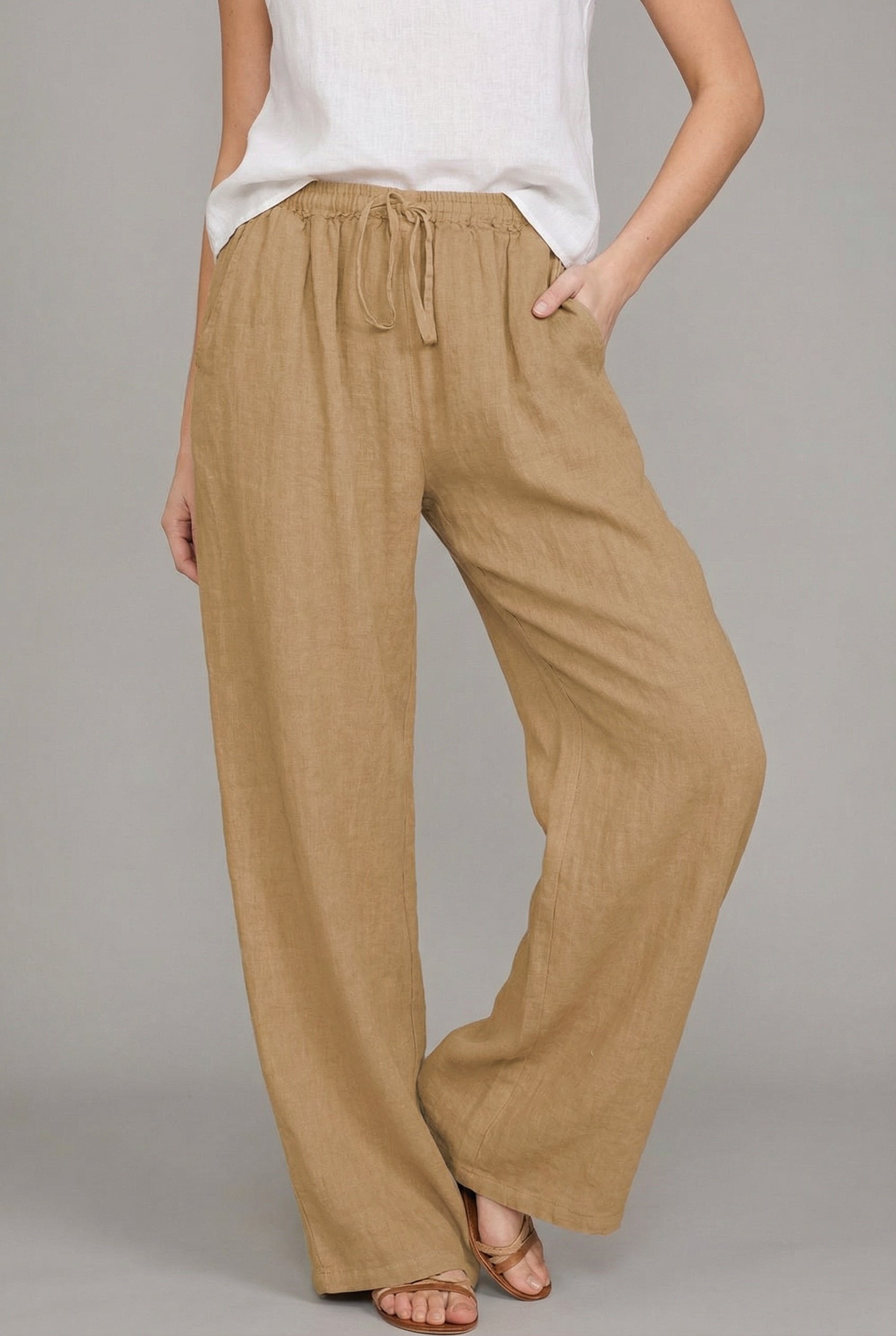 Women's Lightweight Linen Wide Leg Pants | Stylish Summer Trousers with Pockets 0