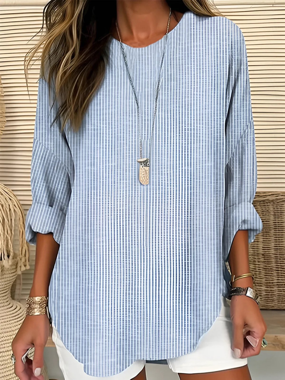 Women's Lightweight Striped Blouse | Relaxed-Fit Long Sleeve Summer Top 0