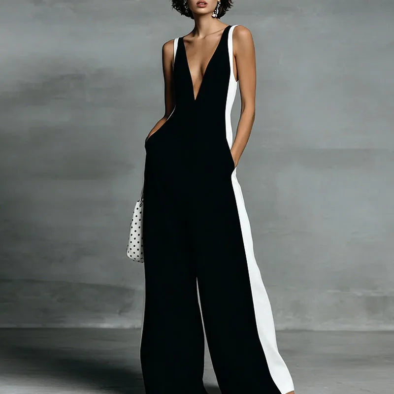 Women's Lightweight Wide-Leg Jumpsuit | Elegant Deep V Neckline for Effortless Style 0