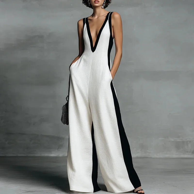Women's Lightweight Wide-Leg Jumpsuit | Elegant Deep V Neckline for Effortless Style 1