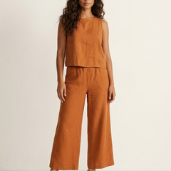 Women's Linen Look Loungewear Set | Elegant Sleeveless Top and Wide Trousers 0