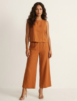 Women's Linen Look Loungewear Set | Elegant Sleeveless Top and Wide Trousers 0