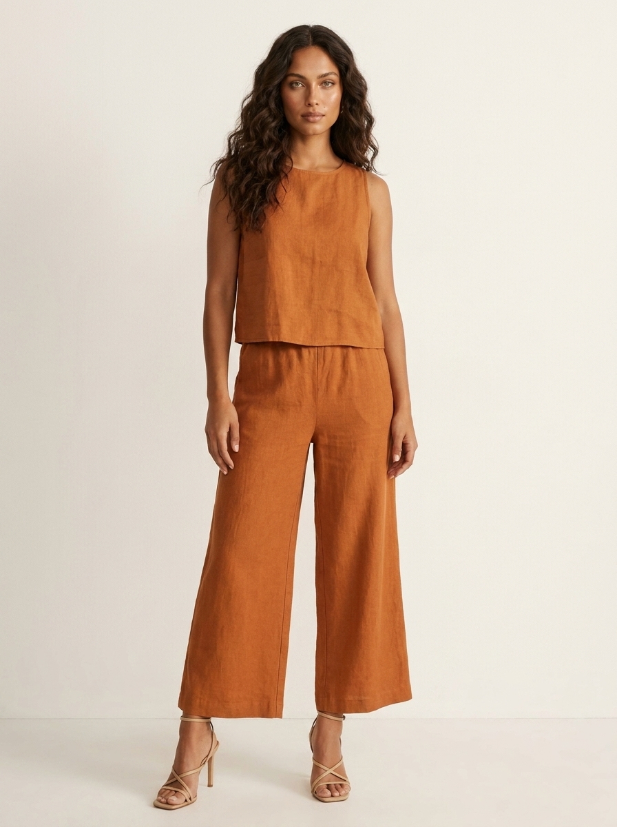 Women's Linen Look Loungewear Set | Elegant Sleeveless Top and Wide Trousers 0