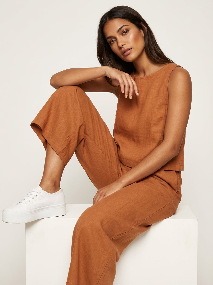Women's Linen Look Loungewear Set | Elegant Sleeveless Top and Wide Trousers 1
