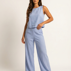 Women's Linen Look Loungewear Set | Elegant Sleeveless Top and Wide Trousers 10
