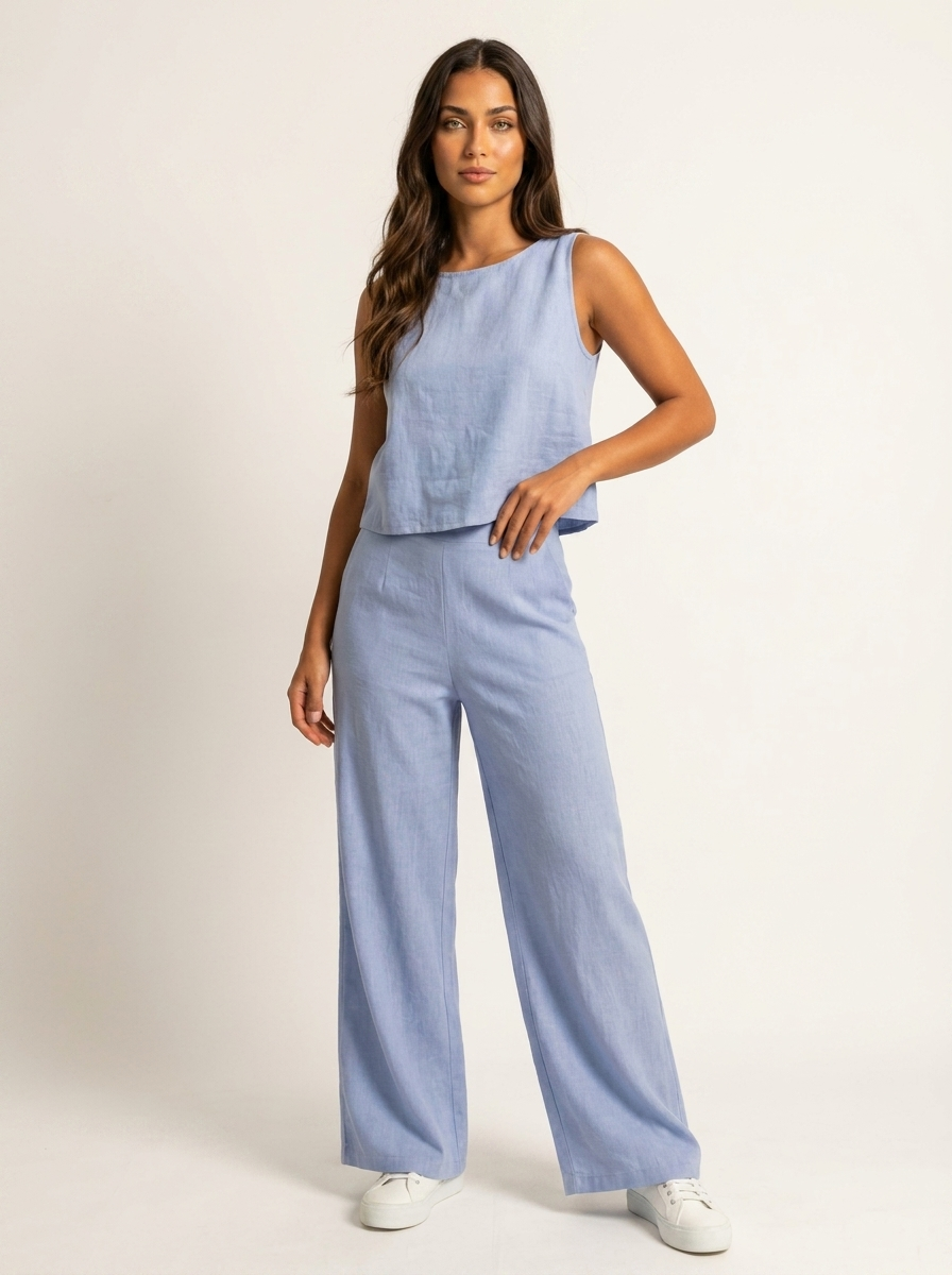 Women's Linen Look Loungewear Set | Elegant Sleeveless Top and Wide Trousers 10