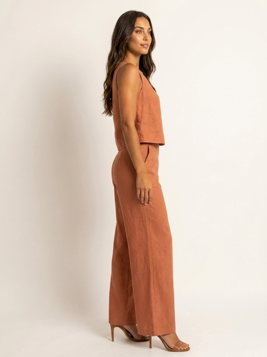 Women's Linen Look Loungewear Set | Elegant Sleeveless Top and Wide Trousers 11