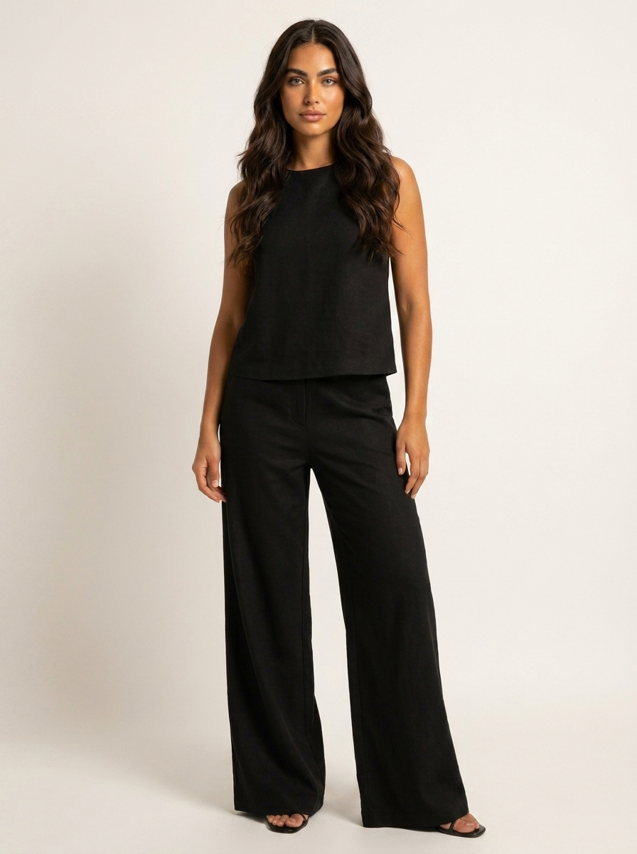 Women's Linen Look Loungewear Set | Elegant Sleeveless Top and Wide Trousers 12