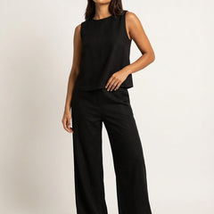Women's Linen Look Loungewear Set | Elegant Sleeveless Top and Wide Trousers 3