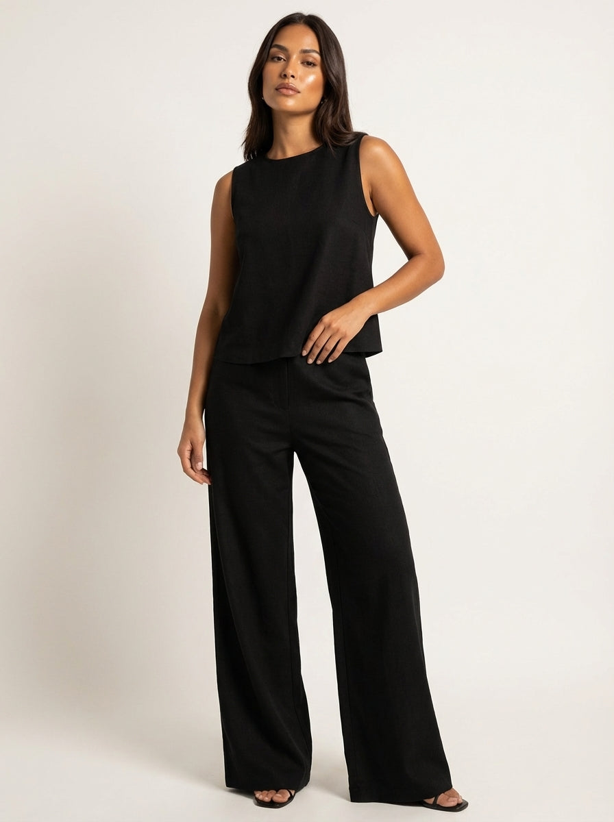 Women's Linen Look Loungewear Set | Elegant Sleeveless Top and Wide Trousers 3