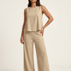 Women's Linen Look Loungewear Set | Elegant Sleeveless Top and Wide Trousers 4
