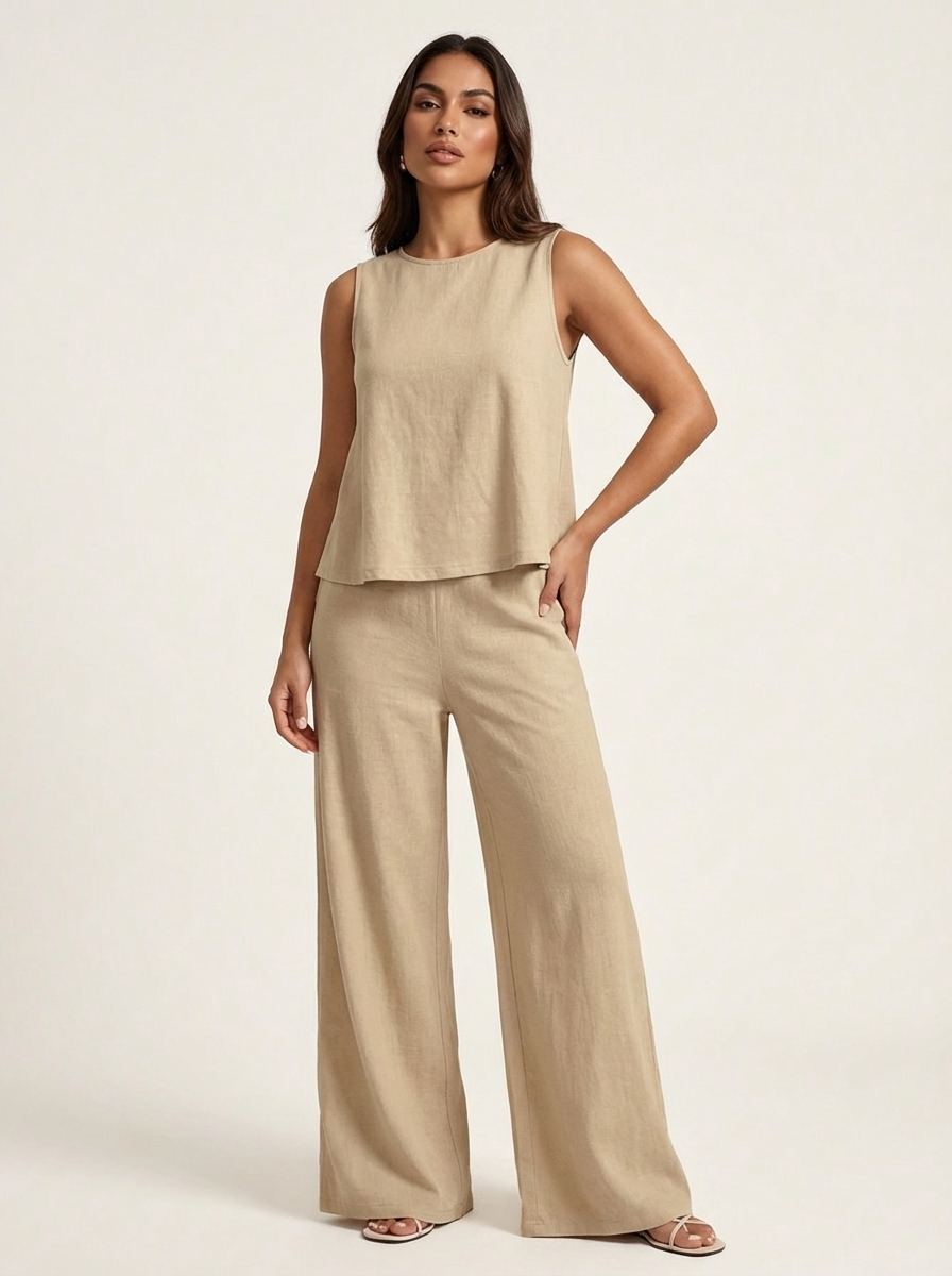 Women's Linen Look Loungewear Set | Elegant Sleeveless Top and Wide Trousers 4