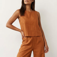 Women's Linen Look Loungewear Set | Elegant Sleeveless Top and Wide Trousers 5