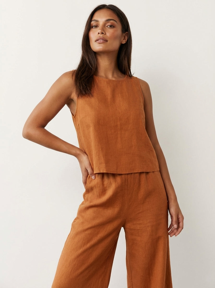 Women's Linen Look Loungewear Set | Elegant Sleeveless Top and Wide Trousers 5