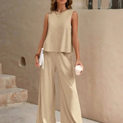 Women's Linen Look Loungewear Set | Elegant Sleeveless Top and Wide Trousers 7