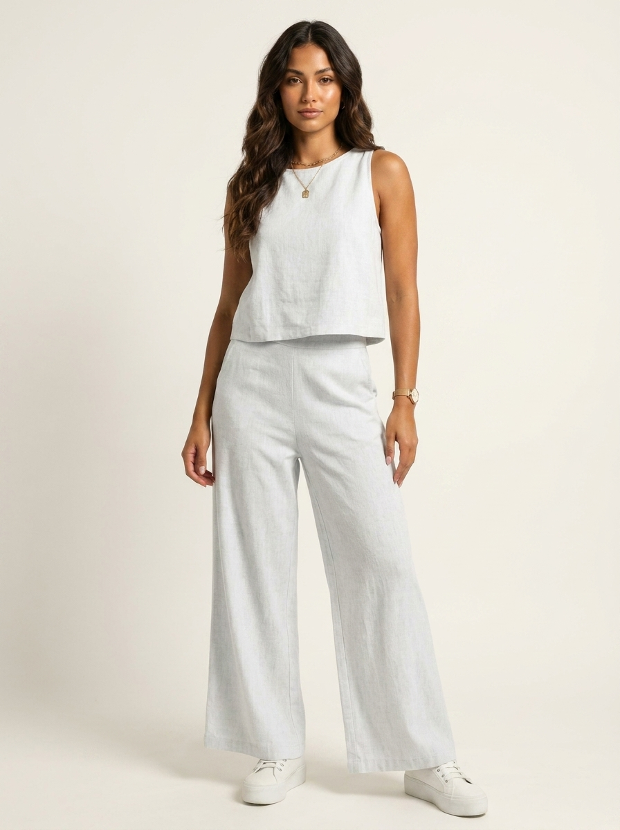 Women's Linen Look Loungewear Set | Elegant Sleeveless Top and Wide Trousers 8