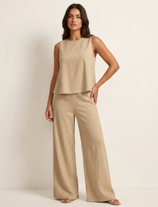 Women's Linen Look Loungewear Set | Elegant Sleeveless Top and Wide Trousers 9