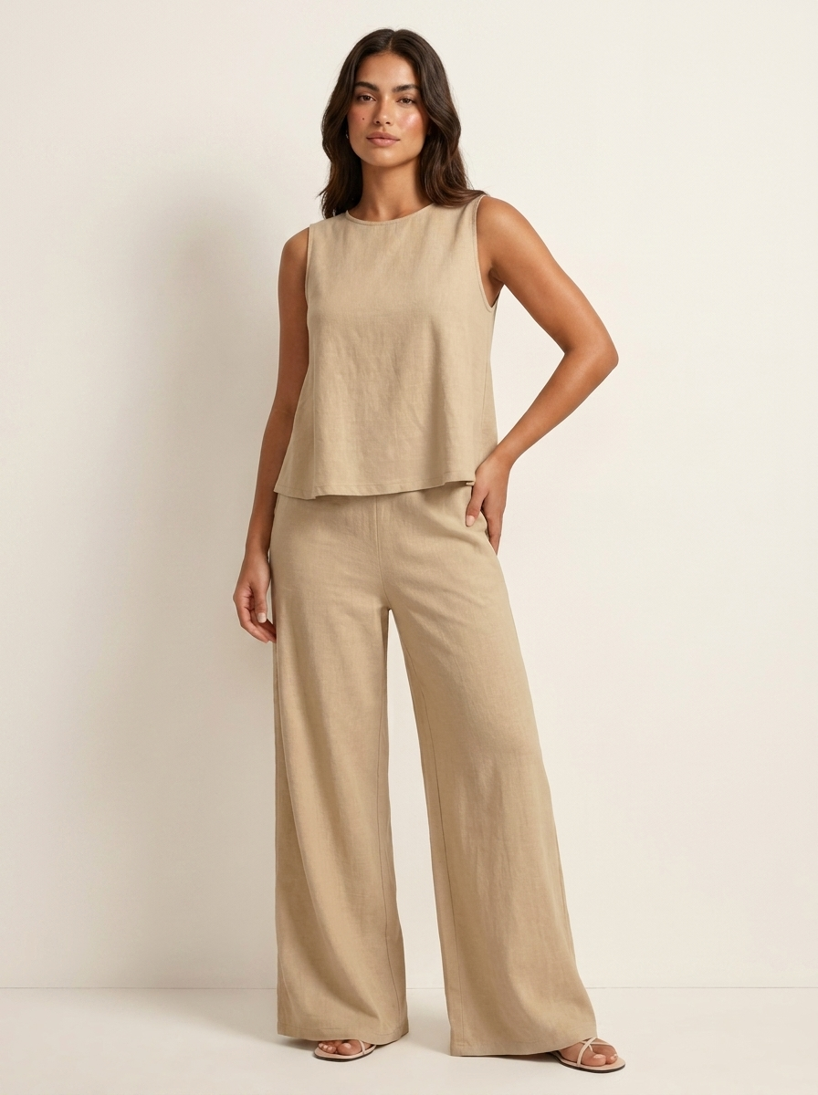 Women's Linen Look Loungewear Set | Elegant Sleeveless Top and Wide Trousers 9