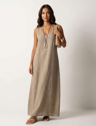 Women's Linen Look Maxi Dress | Elegant Sleeveless Summer Gown 0