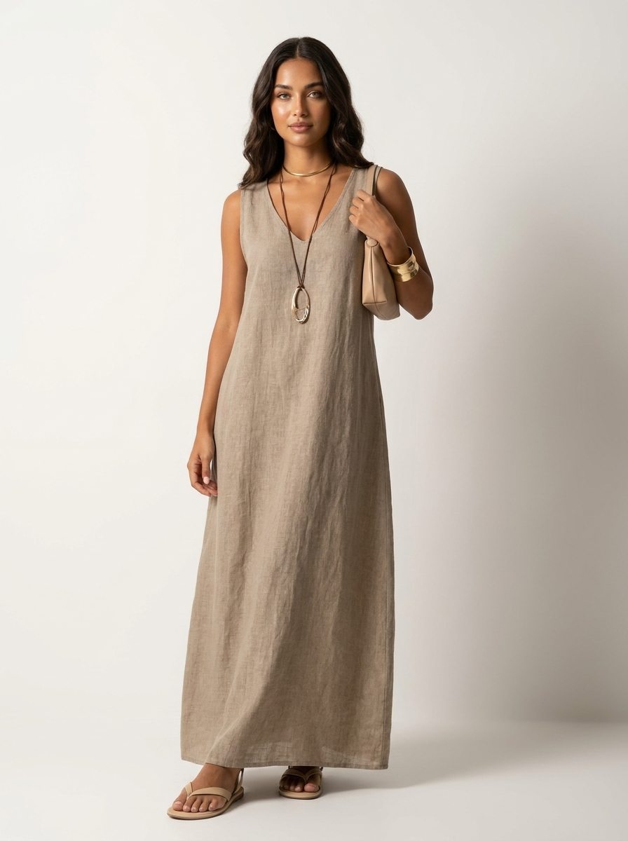 Women's Linen Look Maxi Dress | Elegant Sleeveless Summer Gown 0