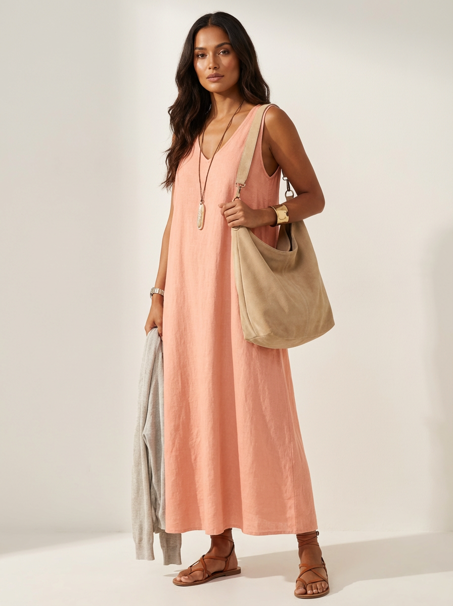 Women's Linen Look Maxi Dress | Elegant Sleeveless Summer Gown 2