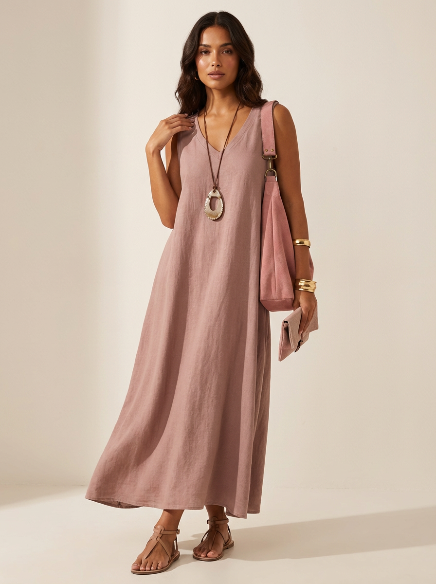 Women's Linen Look Maxi Dress | Elegant Sleeveless Summer Gown 3