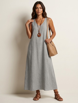 Women's Linen Look Maxi Dress | Elegant Sleeveless Summer Gown 4