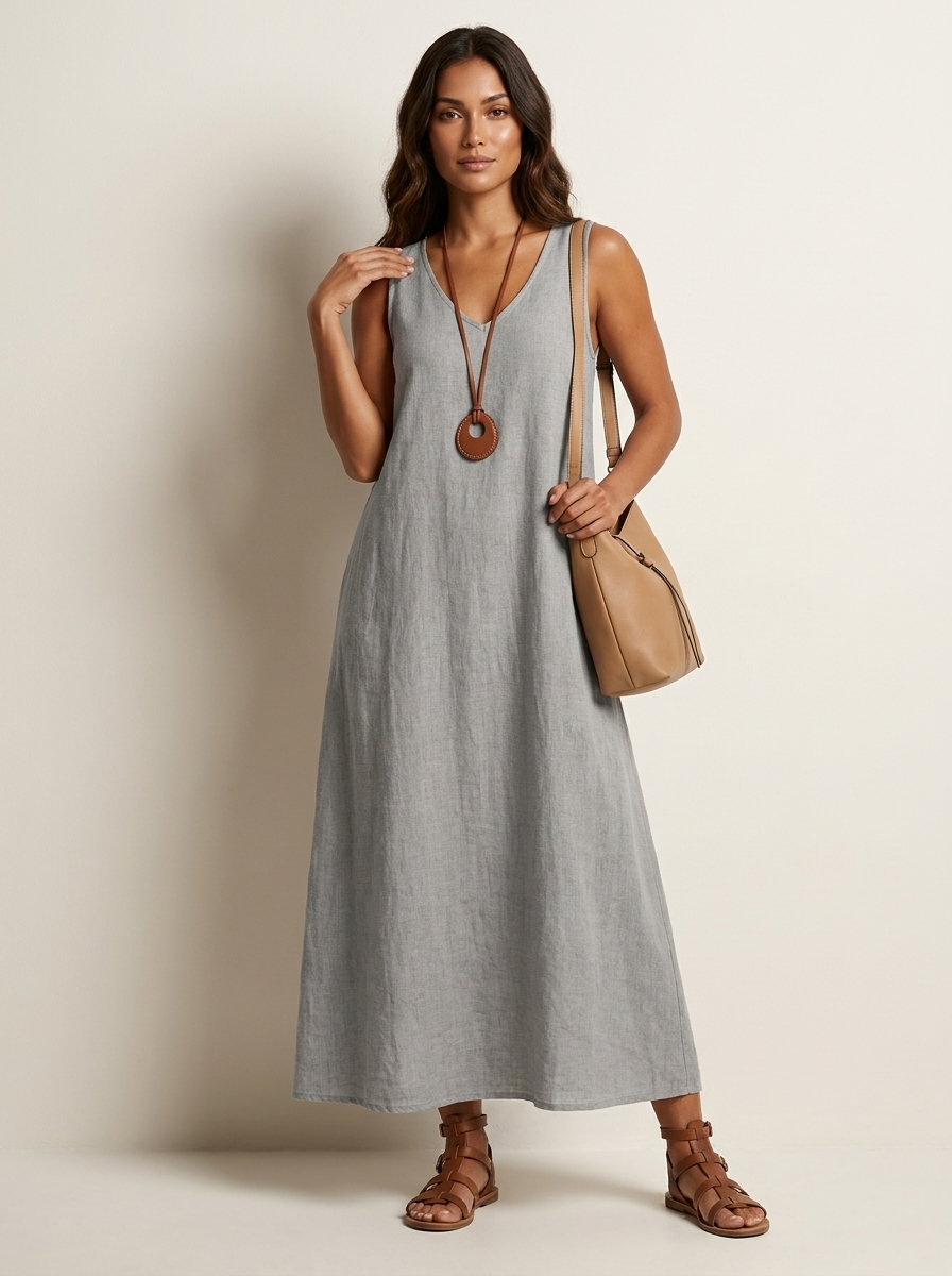 Women's Linen Look Maxi Dress | Elegant Sleeveless Summer Gown 4