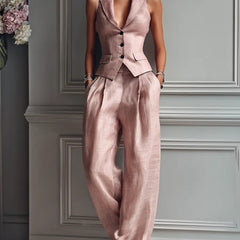 Women's Linen Pleated Wide Leg Pants and Vest Set | Elegant Plus Size Two-Piece Outfit 0
