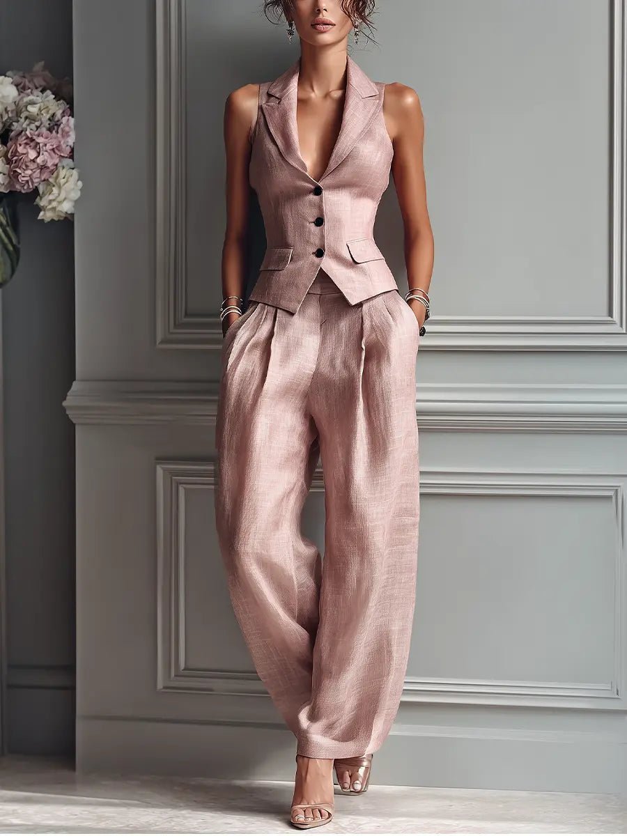 Women's Linen Pleated Wide Leg Pants and Vest Set | Elegant Plus Size Two-Piece Outfit 0