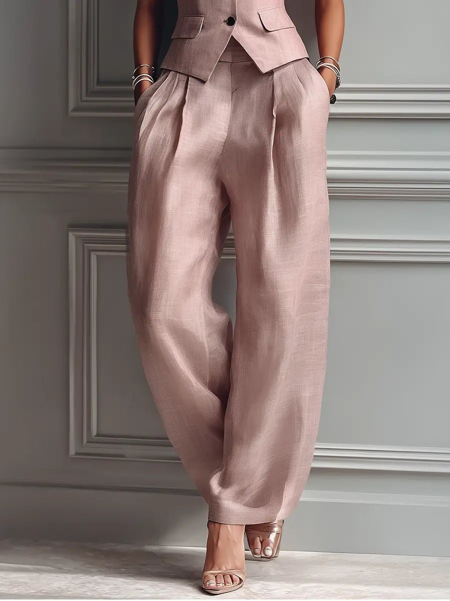 Women's Linen Pleated Wide Leg Pants and Vest Set | Elegant Plus Size Two-Piece Outfit 2