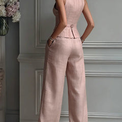 Women's Linen Pleated Wide Leg Pants and Vest Set | Elegant Plus Size Two-Piece Outfit 3
