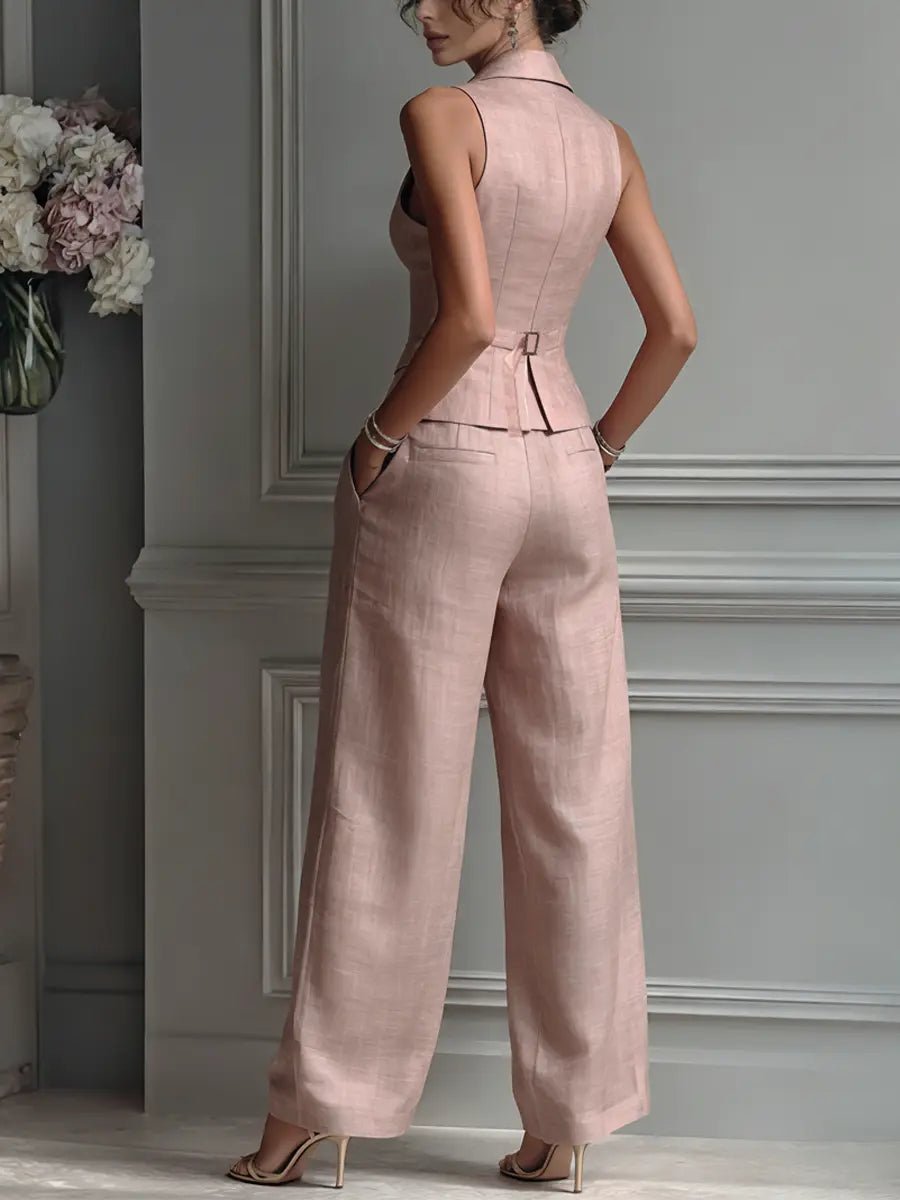 Women's Linen Pleated Wide Leg Pants and Vest Set | Elegant Plus Size Two-Piece Outfit 3