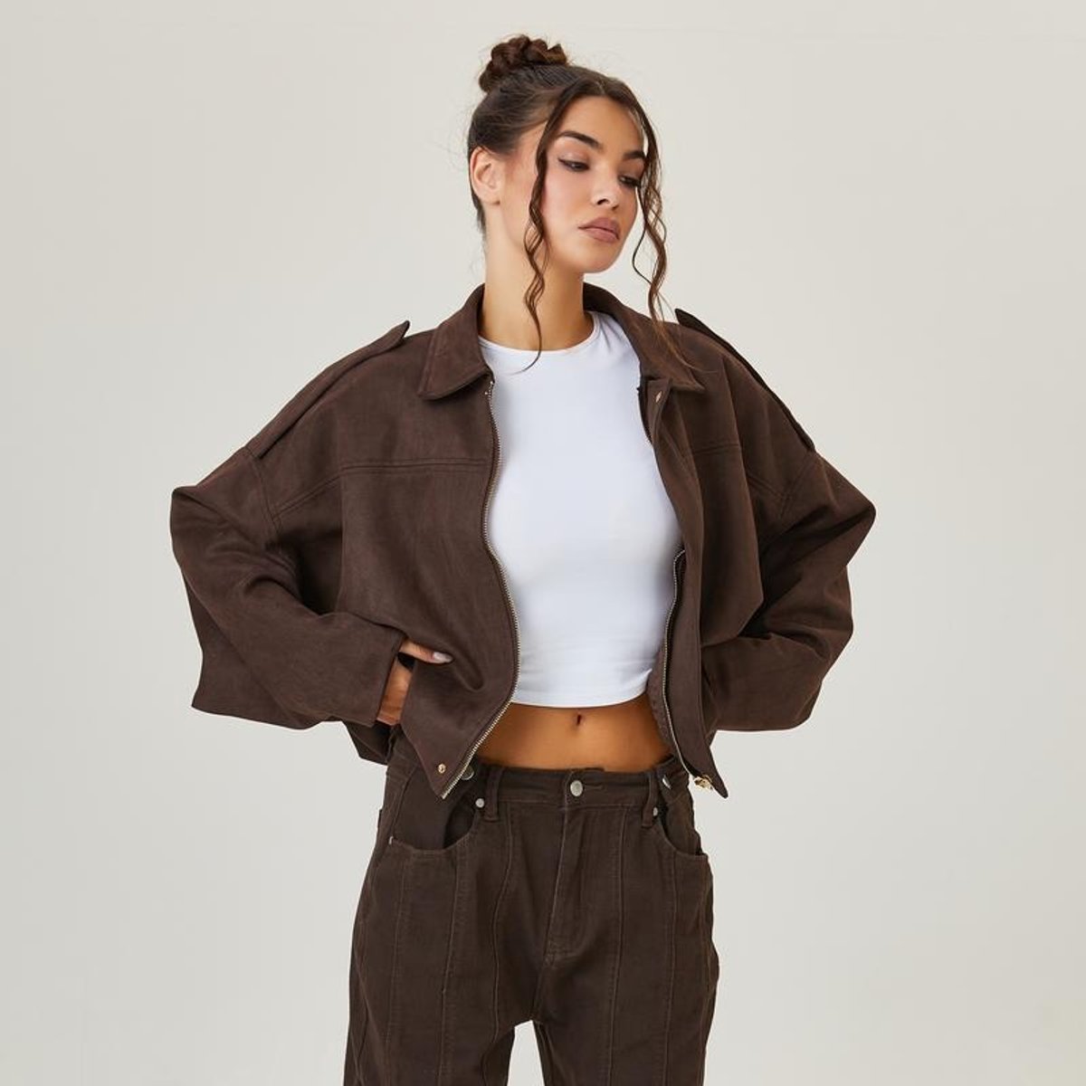 Women's Luxurious Faux Suede Bomber Jacket | Vintage-Inspired Oversized Outerwear 0