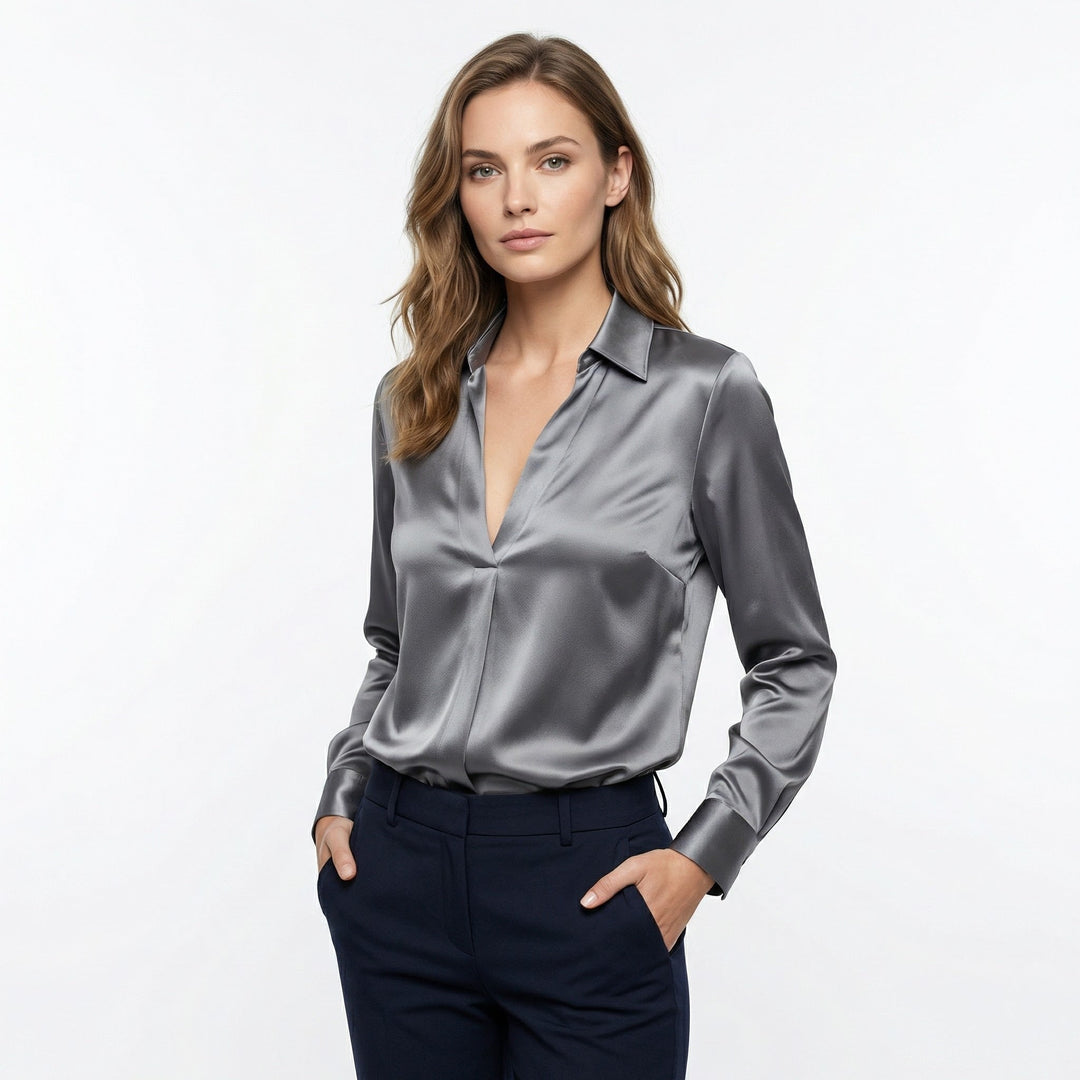 Women's Luxurious Satin Blouse | Elegant Long Sleeve Top with V-Neck Design 1