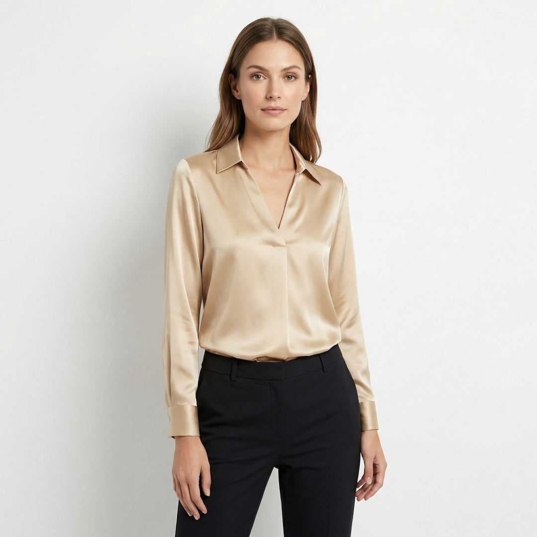 Women's Luxurious Satin Blouse | Elegant Long Sleeve Top with V-Neck Design 3