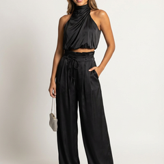 Women's Luxurious Satin Two-Piece Set | Elegant Halter Top and Flowy Wide Trousers 0