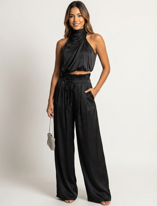 Women's Luxurious Satin Two-Piece Set | Elegant Halter Top and Flowy Wide Trousers 0