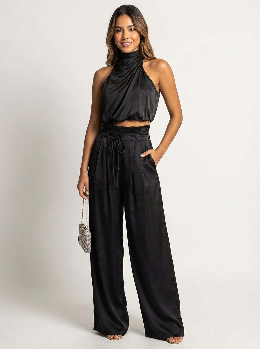 Women's Luxurious Satin Two-Piece Set | Elegant Halter Top and Flowy Wide Trousers 0