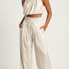 Women's Luxurious Satin Two-Piece Set | Elegant Halter Top and Flowy Wide Trousers 1