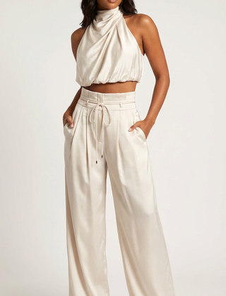 Women's Luxurious Satin Two-Piece Set | Elegant Halter Top and Flowy Wide Trousers 1