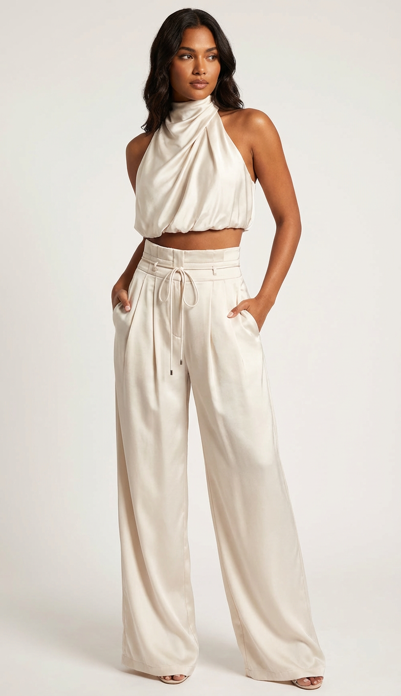 Women's Luxurious Satin Two-Piece Set | Elegant Halter Top and Flowy Wide Trousers 1