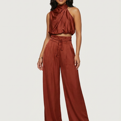Women's Luxurious Satin Two-Piece Set | Elegant Halter Top and Flowy Wide Trousers 2